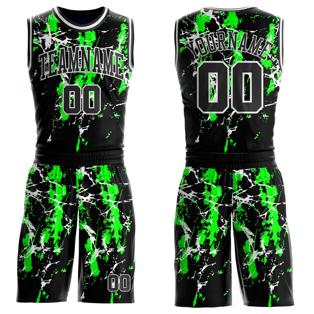 Custom Black Green-White Brush Stroke Paint Splash Round Neck Sublimation Basketball Uniform Jersey