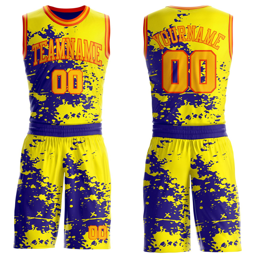 Custom Light Yellow Gold Dark Purple-Orange Paint Splatter Round Neck Sublimation Basketball Uniform Jersey