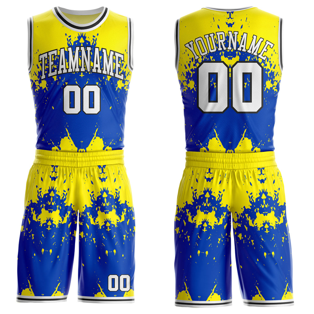 Custom Light Yellow White Thunder Blue-Black Paint Splatter Round Neck Sublimation Basketball Uniform Jersey