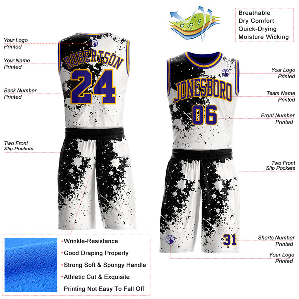 Custom White Dark Purple Black-Gold Paint Splatter Round Neck Sublimation Basketball Uniform Jersey