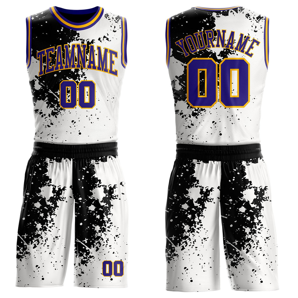 Custom White Dark Purple Black-Gold Paint Splatter Round Neck Sublimation Basketball Uniform Jersey