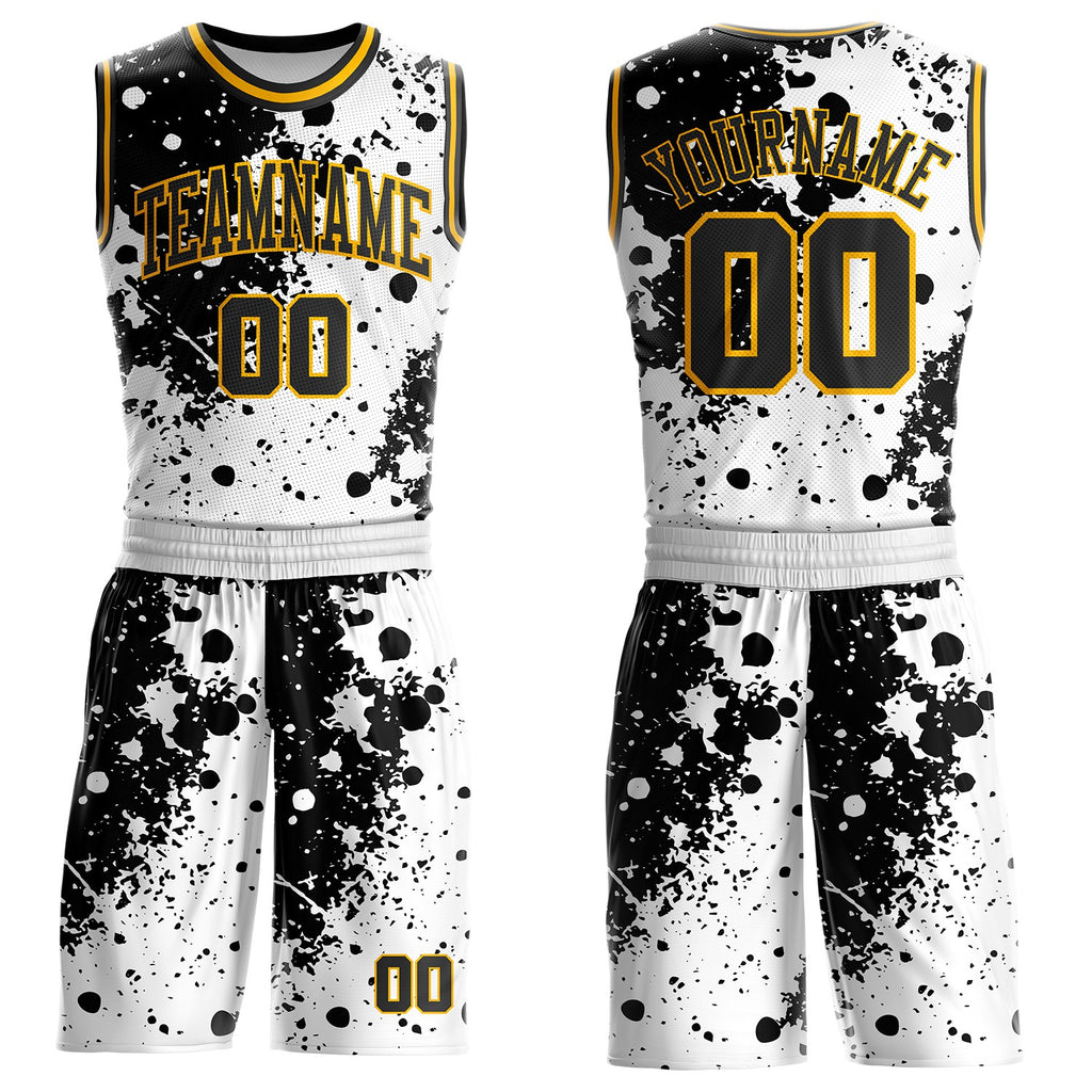 Custom White Black-Gold Paint Splatter Round Neck Sublimation Basketball Uniform Jersey