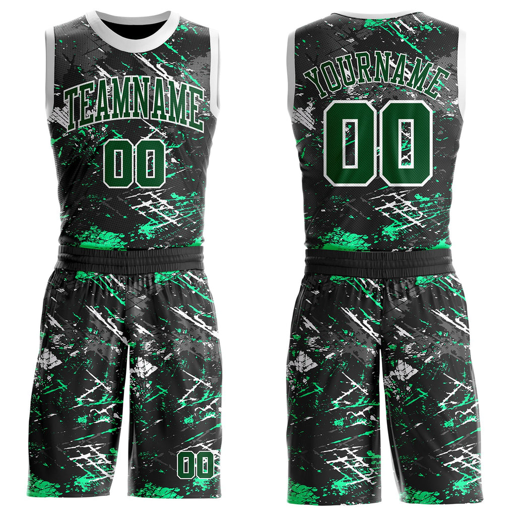 Custom Black Green Gray-White Brush Stroke Paint Splash Round Neck Sublimation Basketball Uniform Jersey