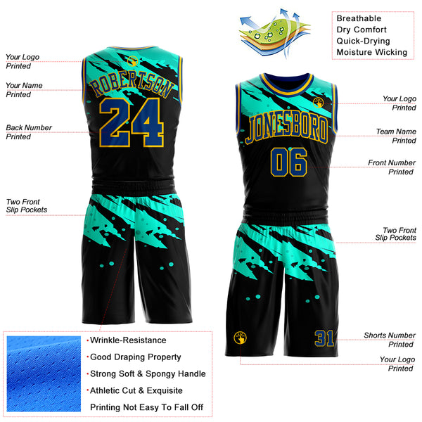 Custom Black US Navy Blue Ice Blue-Yellow Brush Stroke Paint Splash Round Neck Sublimation Basketball Uniform Jersey