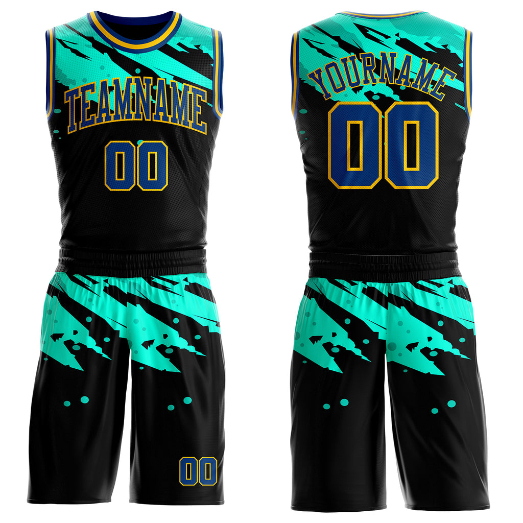 Custom Black US Navy Blue Ice Blue-Yellow Brush Stroke Paint Splash Round Neck Sublimation Basketball Uniform Jersey