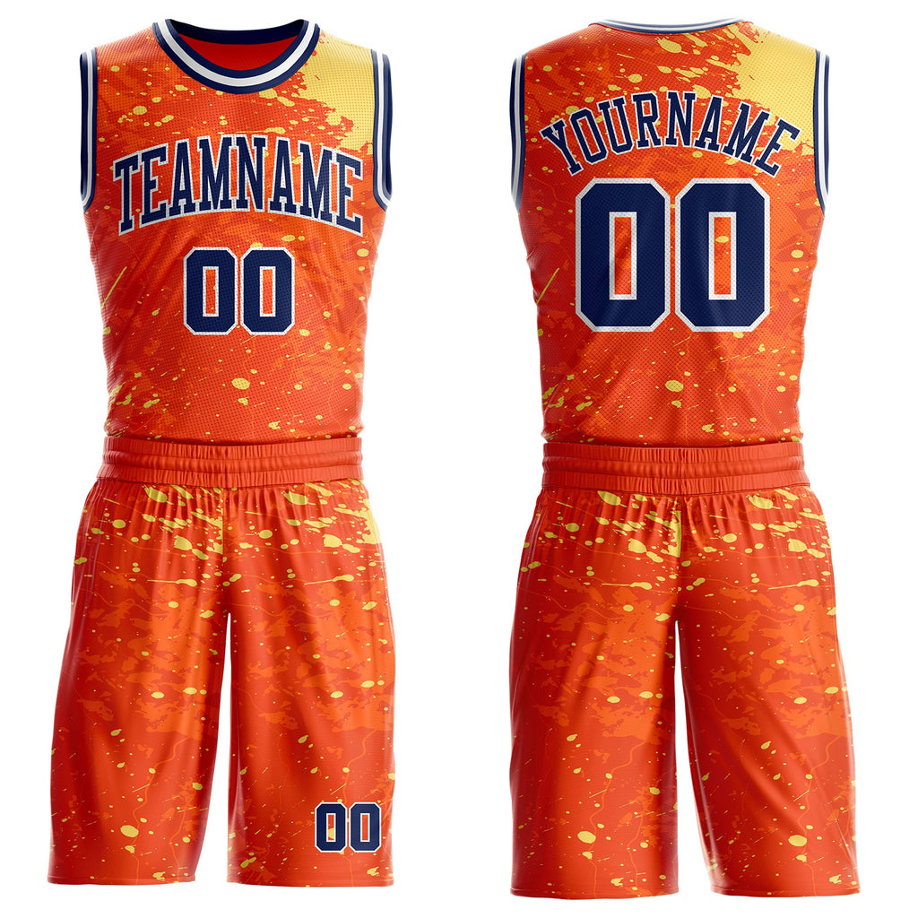 Custom Orange Navy Yellow-White Brush Stroke Paint Splash Round Neck Sublimation Basketball Uniform Jersey