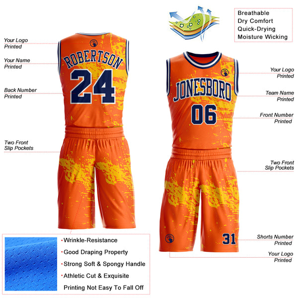 Custom Orange Navy Yellow-White Brush Stroke Paint Splash Round Neck Sublimation Basketball Uniform Jersey