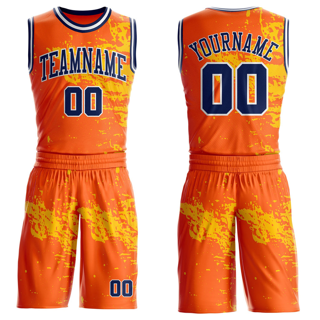 Custom Orange Navy Yellow-White Brush Stroke Paint Splash Round Neck Sublimation Basketball Uniform Jersey