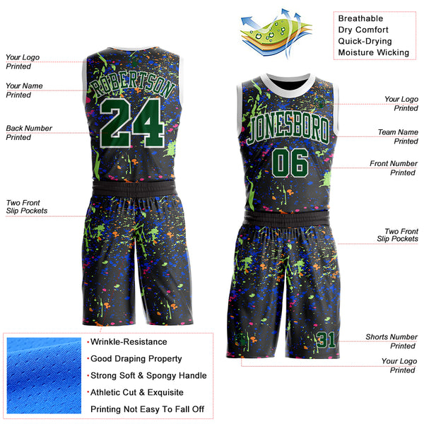 Custom Black Green-White Brush Stroke Paint Splash Round Neck Sublimation Basketball Uniform Jersey