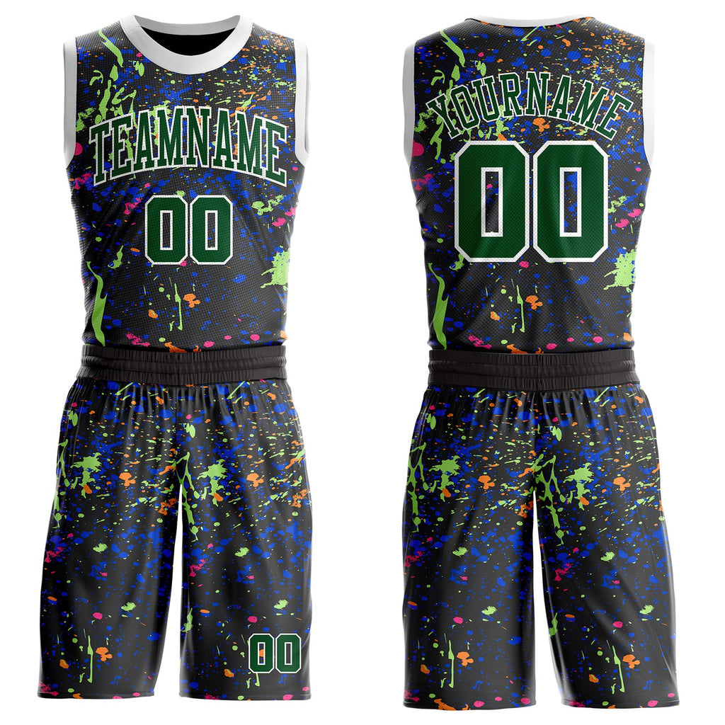 Custom Black Green-White Brush Stroke Paint Splash Round Neck Sublimation Basketball Uniform Jersey