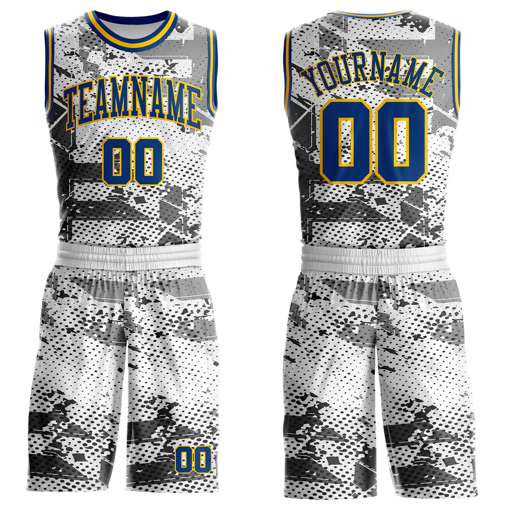 Custom White US Navy Blue Gray-Yellow Vintage Geometric Dot Round Neck Sublimation Basketball Uniform Jersey