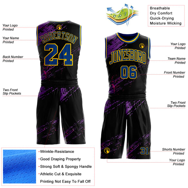 Custom Black US Navy Blue Purple Pink-Yellow Vintage Brush Stroke Round Neck Sublimation Basketball Uniform Jersey