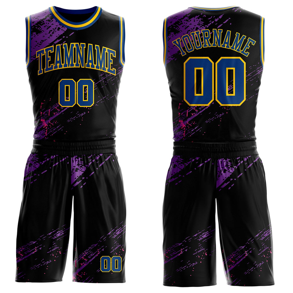 Custom Black US Navy Blue Purple Pink-Yellow Vintage Brush Stroke Round Neck Sublimation Basketball Uniform Jersey