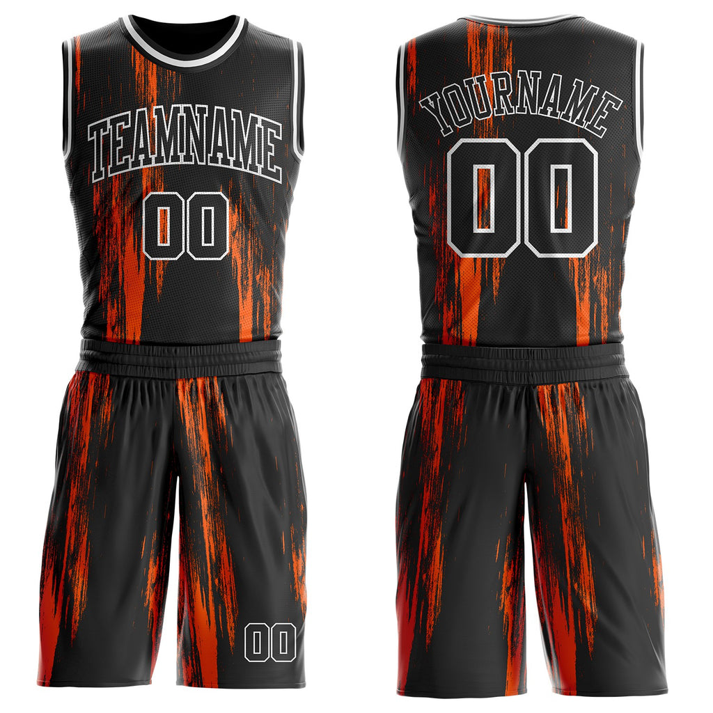 Custom Black Orange-White Vintage Brush Stroke Round Neck Sublimation Basketball Uniform Jersey