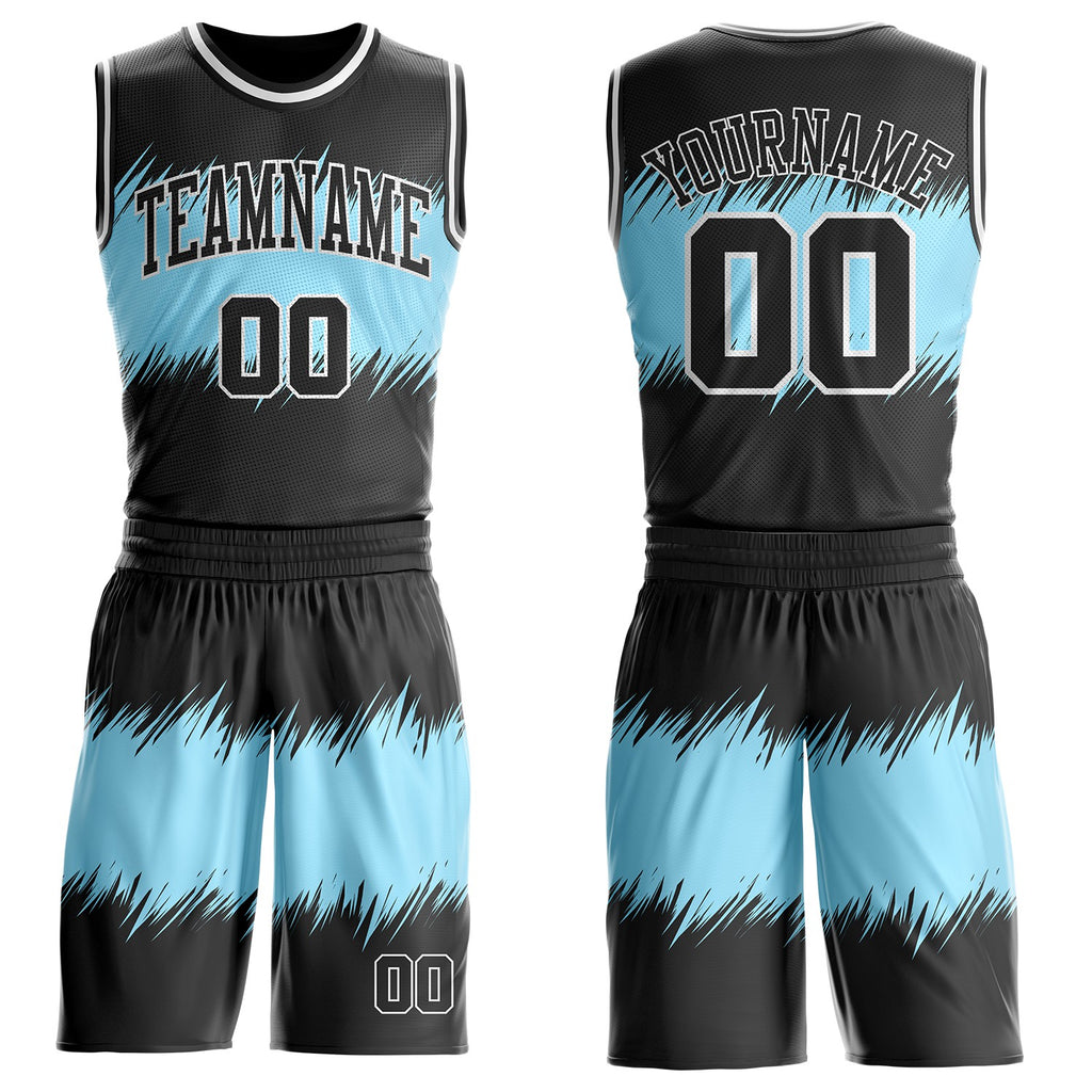 Custom Black Blue-White Vintage Brush Stroke Round Neck Sublimation Basketball Uniform Jersey