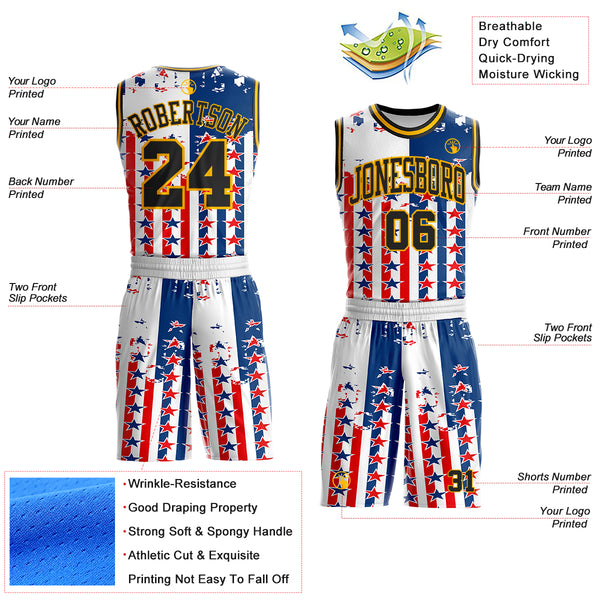 Custom White Black Blue Red-Gold Retro American Flag Round Neck Sublimation Basketball Uniform Jersey