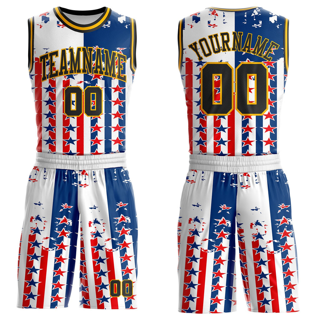 Custom White Black Blue Red-Gold Retro American Flag Round Neck Sublimation Basketball Uniform Jersey
