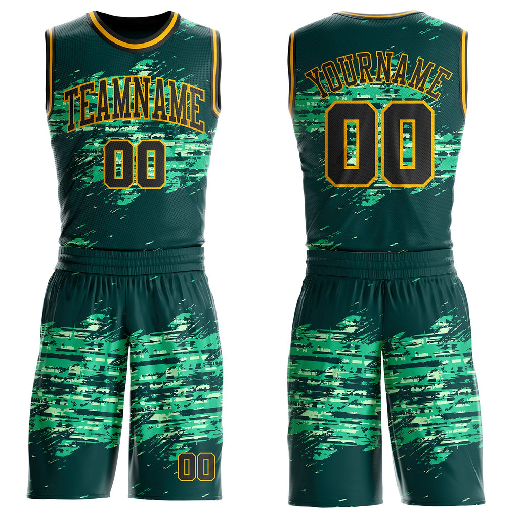 Custom Green Black-Gold Grunge Paint Splatter Brush Stroke Round Neck Sublimation Basketball Uniform Jersey