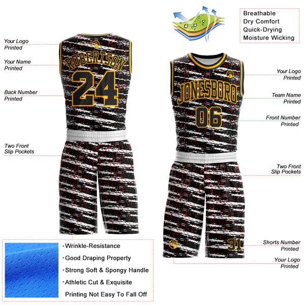Custom White Black Red-Gold Vintage Brush Stroke Round Neck Sublimation Basketball Uniform Jersey