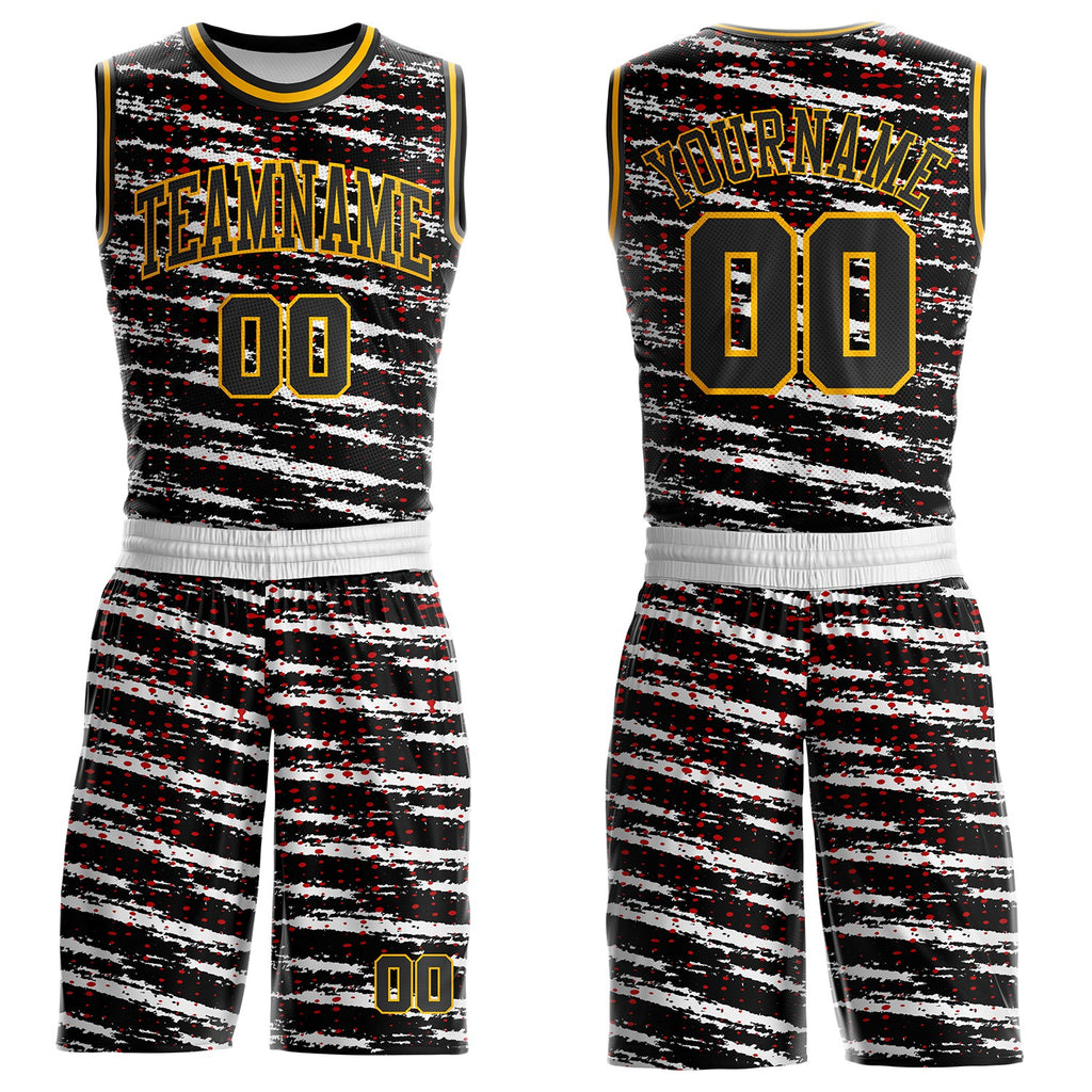 Custom White Black Red-Gold Vintage Brush Stroke Round Neck Sublimation Basketball Uniform Jersey
