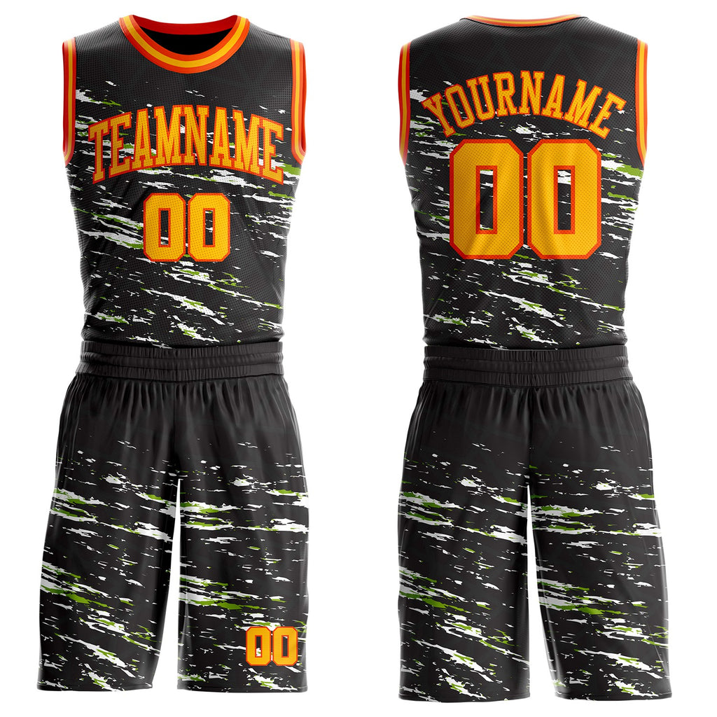 Custom Black Gold Neon Green-Orange Vintage Brush Stroke Round Neck Sublimation Basketball Uniform Jersey