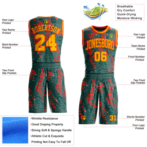 Custom Green Gold-Orange Vintage Brush Stroke Round Neck Sublimation Basketball Uniform Jersey