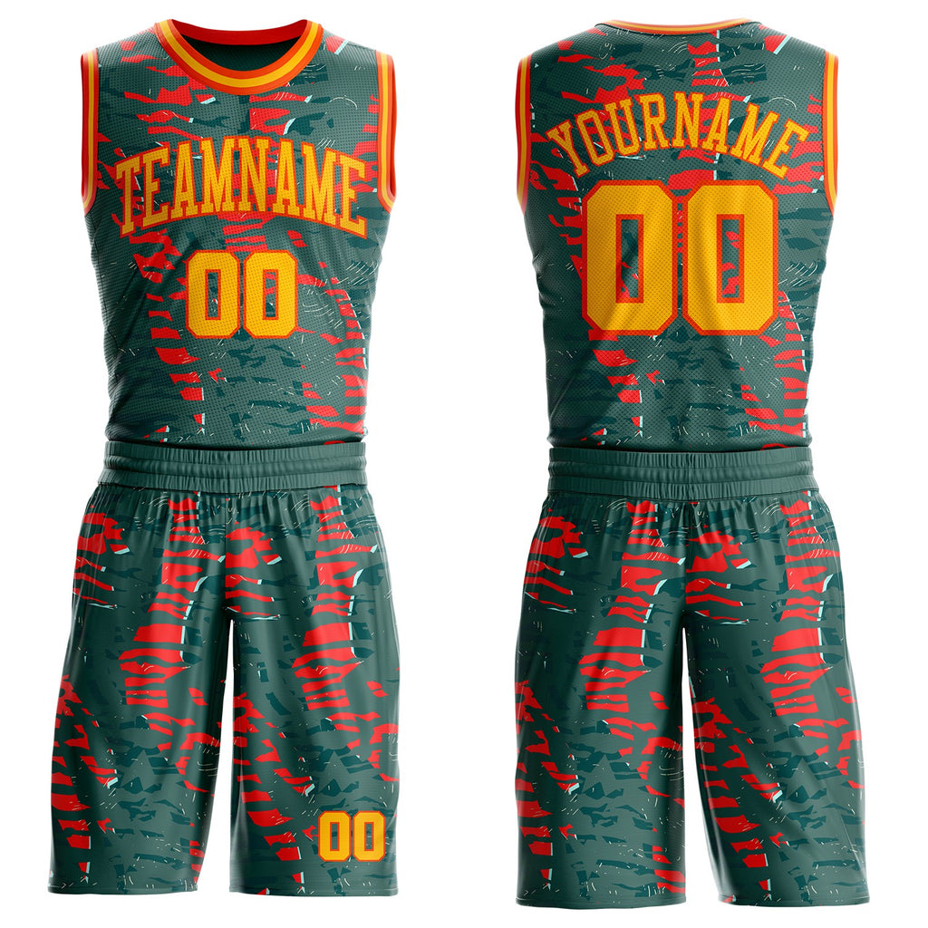Custom Green Gold-Orange Vintage Brush Stroke Round Neck Sublimation Basketball Uniform Jersey