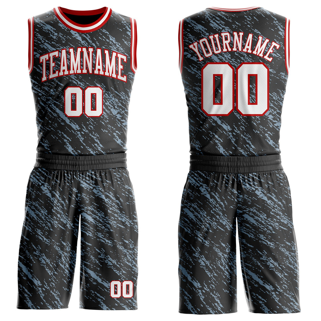 Custom Black White Blue-Red Vintage Brush Stroke Round Neck Sublimation Basketball Uniform Jersey