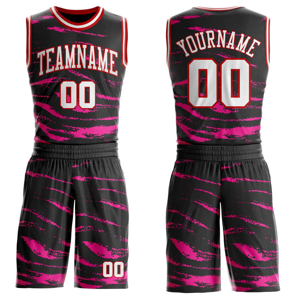 Custom Black White Pink-Red Vintage Brush Stroke Round Neck Sublimation Basketball Uniform Jersey