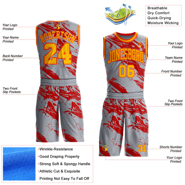 Custom Gray Gold Red-Orange Vintage Brush Stroke Round Neck Sublimation Basketball Uniform Jersey