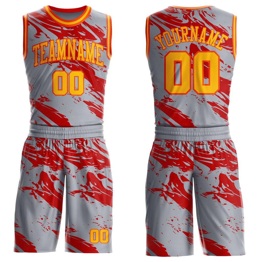 Custom Gray Gold Red-Orange Vintage Brush Stroke Round Neck Sublimation Basketball Uniform Jersey