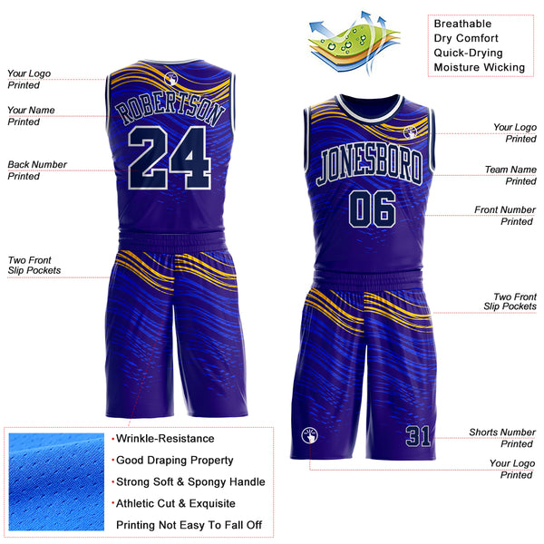 Custom Blue Navy Yellow-White Speed Wave Round Neck Sublimation Basketball Uniform Jersey