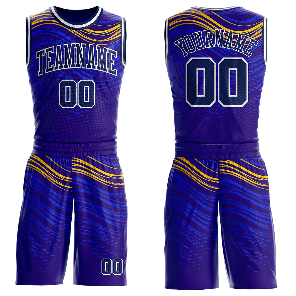 Custom Blue Navy Yellow-White Speed Wave Round Neck Sublimation Basketball Uniform Jersey