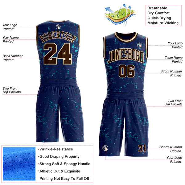Custom Navy Brown Lakes Blue-Cream Vintage Paint Splatter Brush Stroke Round Neck Sublimation Basketball Uniform Jersey