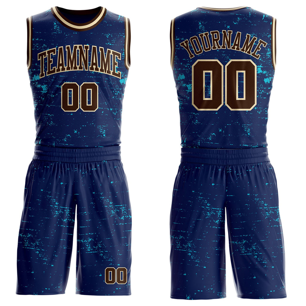 Custom Navy Brown Lakes Blue-Cream Vintage Paint Splatter Brush Stroke Round Neck Sublimation Basketball Uniform Jersey