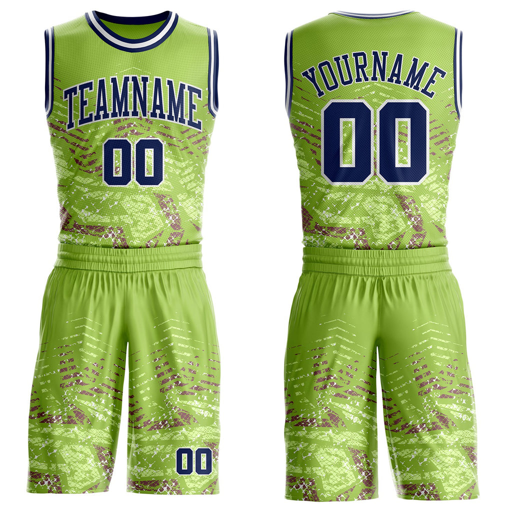 Custom Green Navy-White Vintage Geometric Fragment Round Neck Sublimation Basketball Uniform Jersey