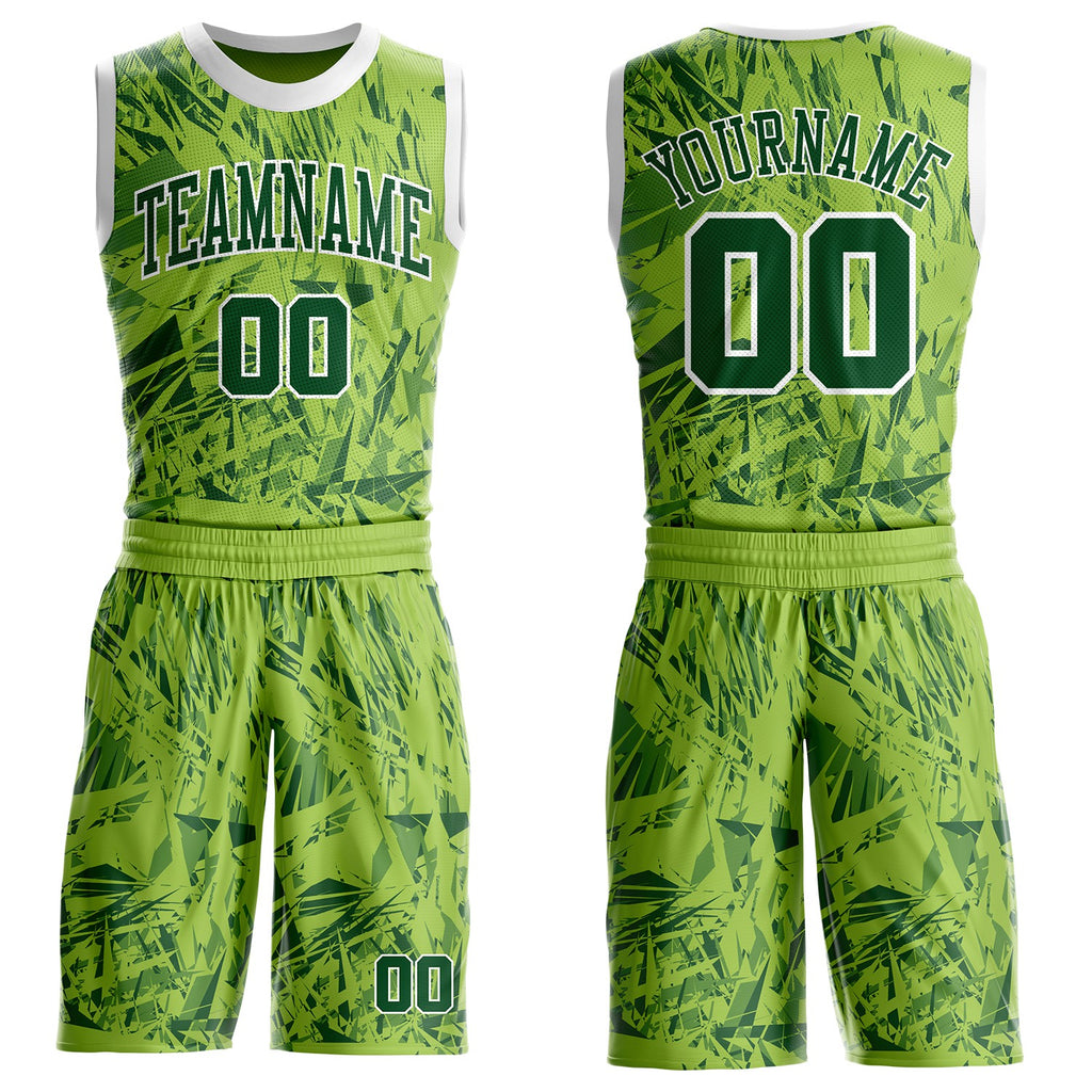 Custom Green-White Vintage Geometric Fragment Round Neck Sublimation Basketball Uniform Jersey