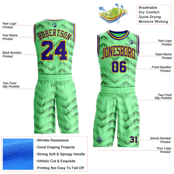 Custom Pea Green Dark Purple-Gold Gradient Geometric Chevron Round Neck Sublimation Basketball Uniform Jersey