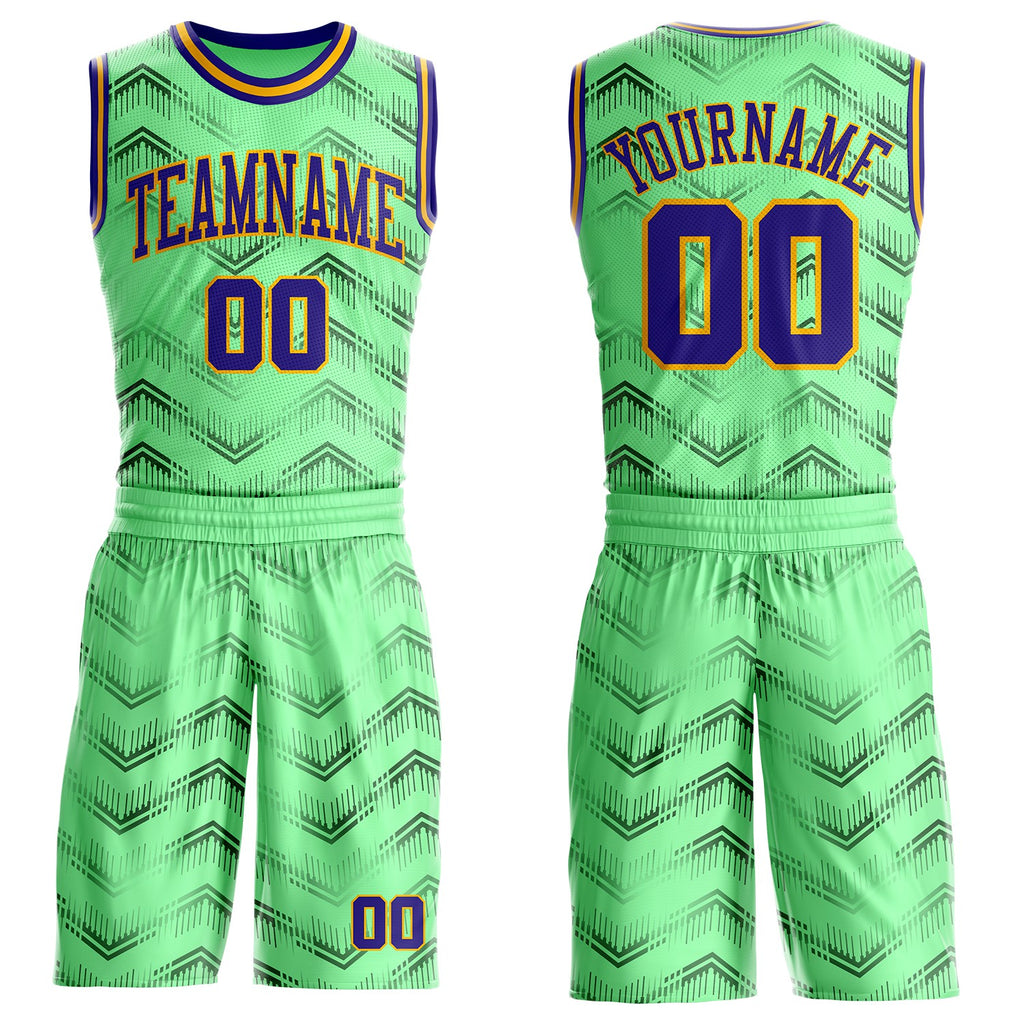 Custom Pea Green Dark Purple-Gold Gradient Geometric Chevron Round Neck Sublimation Basketball Uniform Jersey