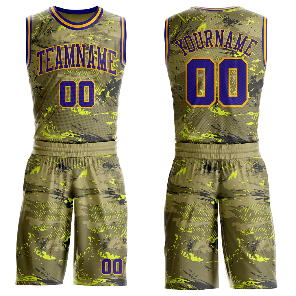 Custom Olive Dark Purple Yellow-Gold Vintage Paint Splatter Brush Stroke Round Neck Sublimation Basketball Uniform Jersey