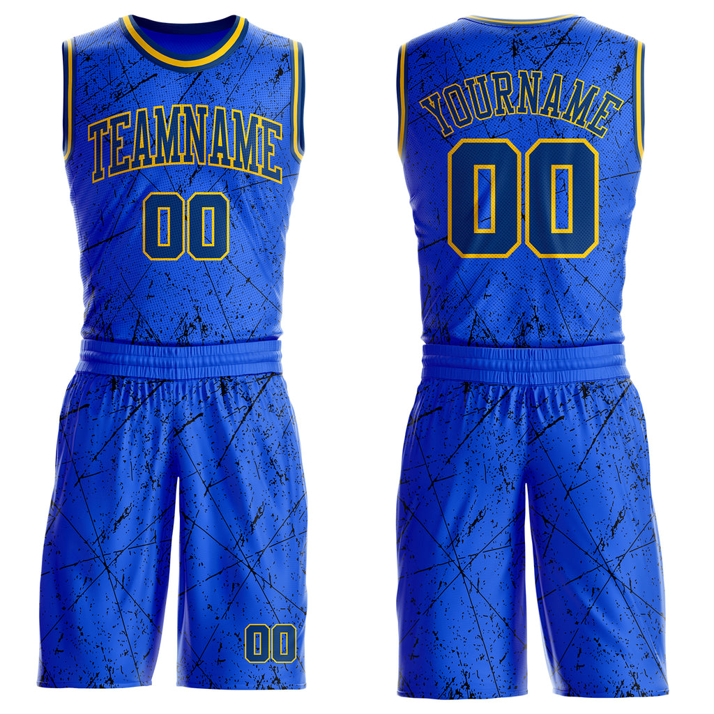 Custom Royal US Navy Blue Black-Yellow Vintage Geometric Fragment Round Neck Sublimation Basketball Uniform Jersey