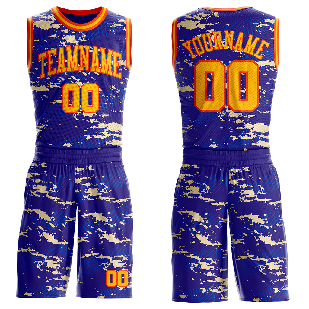 Custom Dark Purple Gold Blue Cream-Orange Vintage Geometric Fragment Round Neck Sublimation Basketball Uniform Jersey