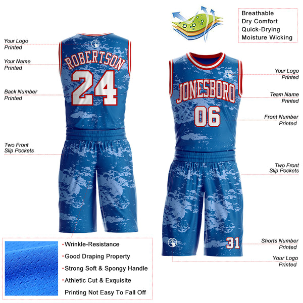 Custom Blue White-Red Vintage Brush Stroke Round Neck Sublimation Basketball Uniform Jersey