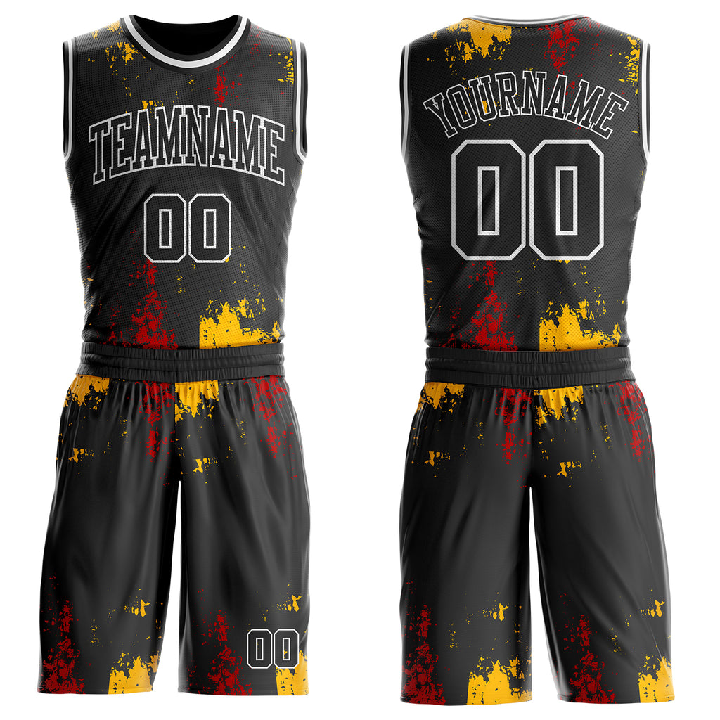 Custom Black Red Gold-White Vintage Brush Stroke Round Neck Sublimation Basketball Uniform Jersey
