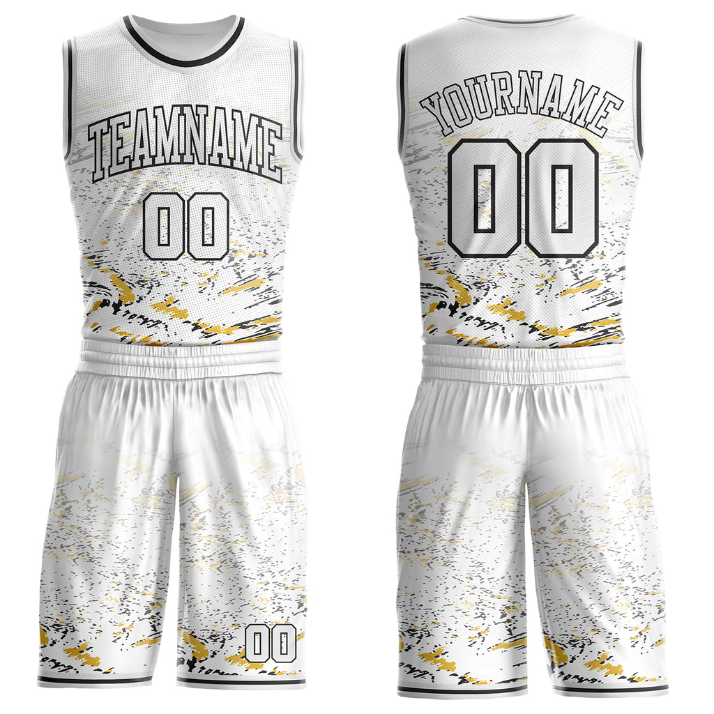 Custom White Yellow-Black Vintage Brush Stroke Round Neck Sublimation Basketball Uniform Jersey