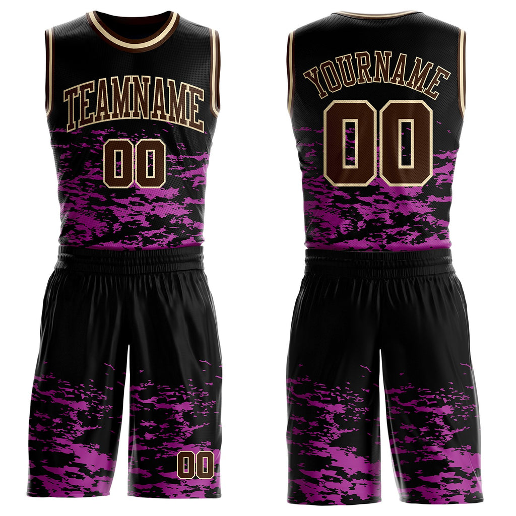Custom Black Medium Purple Brown-Cream Grunge Fragment Round Neck Sublimation Basketball Uniform Jersey