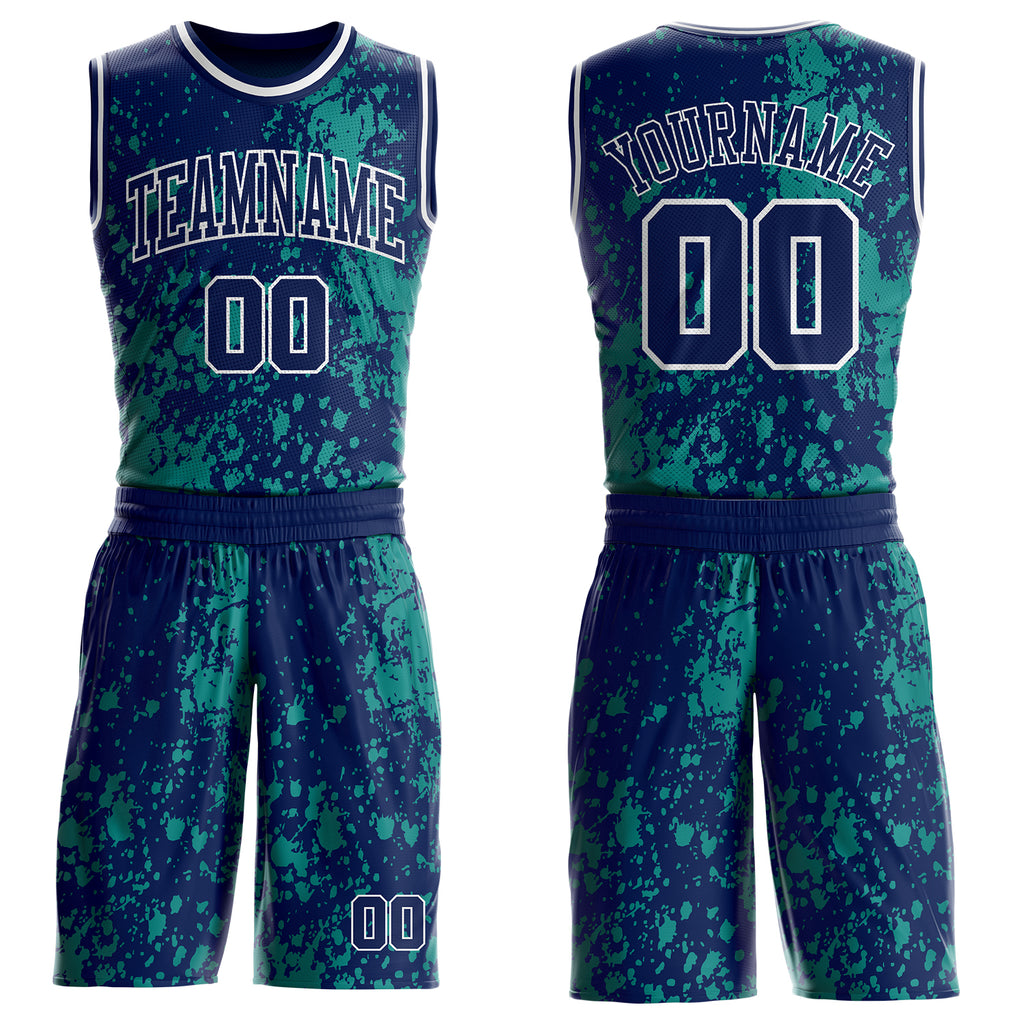 Custom Navy Green-White Grunge Paint Splatter Brush Stroke Round Neck Sublimation Basketball Uniform Jersey