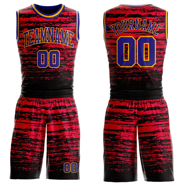 Custom Red Dark Purple Black-Gold Grunge Paint Splatter Brush Stroke Round Neck Sublimation Basketball Uniform Jersey