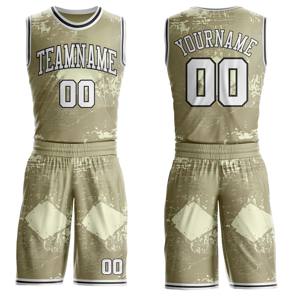 Custom Brown White Cream-Black Grunge Fragment Round Neck Sublimation Basketball Uniform Jersey