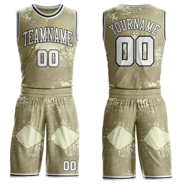 Custom Brown White Cream-Black Grunge Fragment Round Neck Sublimation Basketball Uniform Jersey